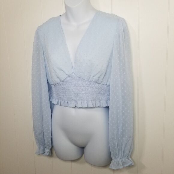 Women's Cropped Blue Sheer Balloon Sleeve Top - Picture 2 of 8
